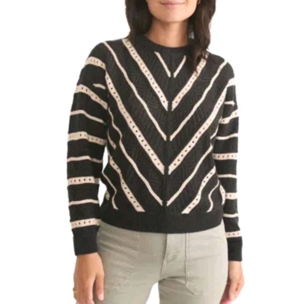 Marine Layer Brooke Sweater Women Large Black Stripe Textured Knit Cotton Wool